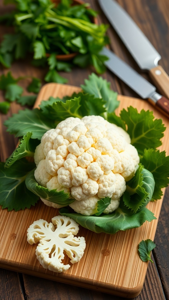 Cauliflower Nutrition Facts Fresh cauliflower head and florets on a cutting board with green leaves.
